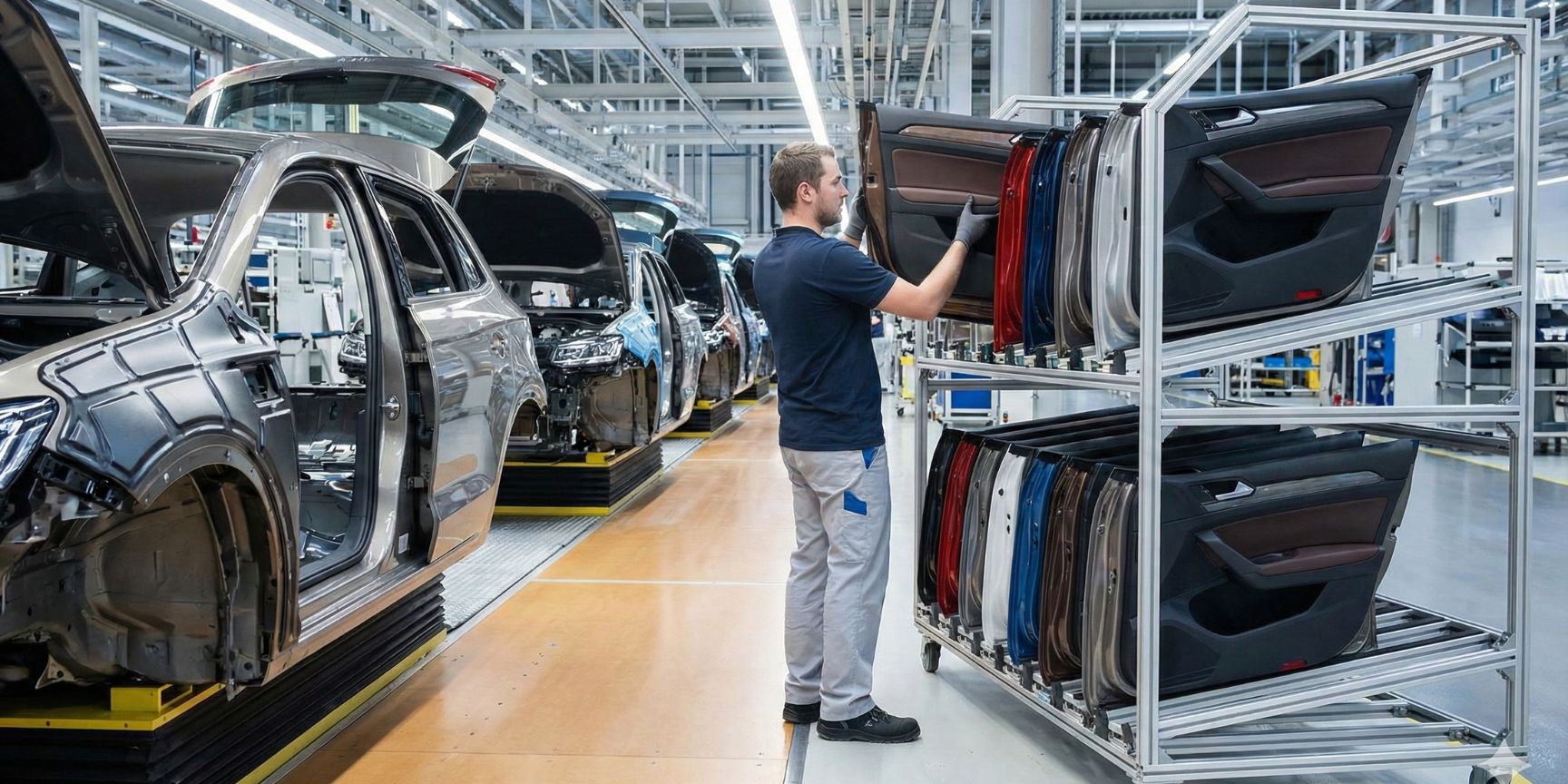 Ein Mitarbeiter in einer Automobilfabrik entnimmt ein farblich passendes Türpaneel aus einem Just-in-Sequence-Ladungsträger, der direkt am Montageband steht, um es in eine Karosserie einzubauen. Die Szene verdeutlicht die nahtlose Integration der Logistik in die Produktion ohne Zwischenlagerung.